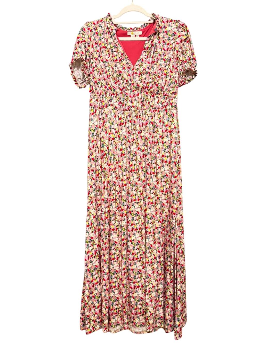 Boden Pink Floral Short Sleeve V-Neck Jersey Maxi Dress Women's Size US 8 UK 12
